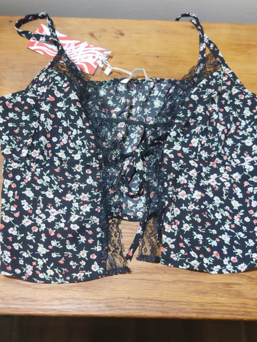 ROMWE Black Floral Lace-Trim Cami with Pink & Green Blossoms